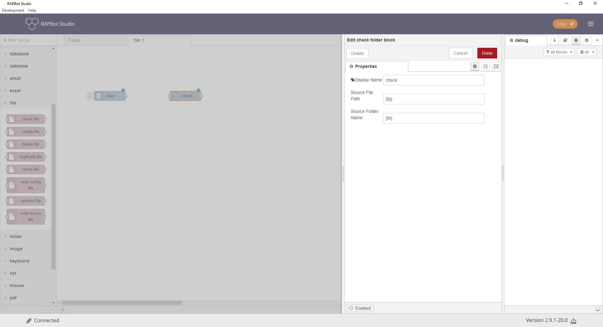 Bot Studio check folder block configuration