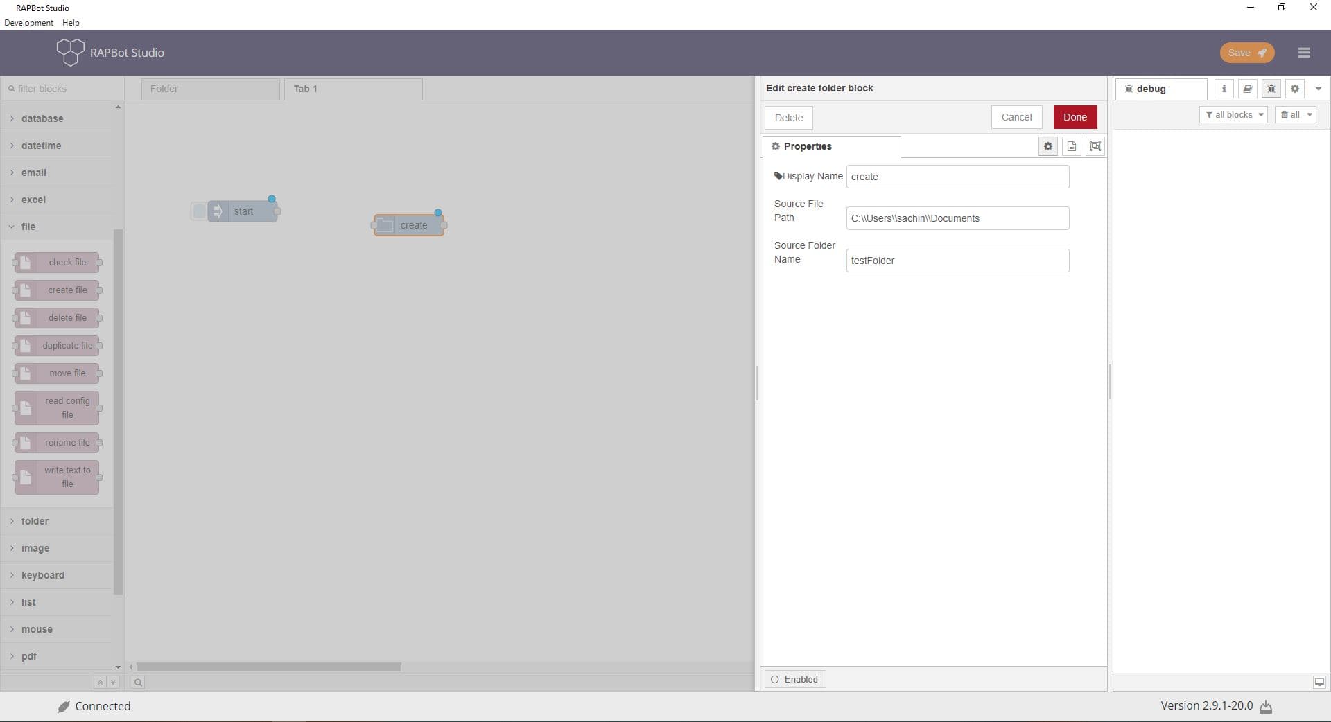 Bot Studio create folder block configuration