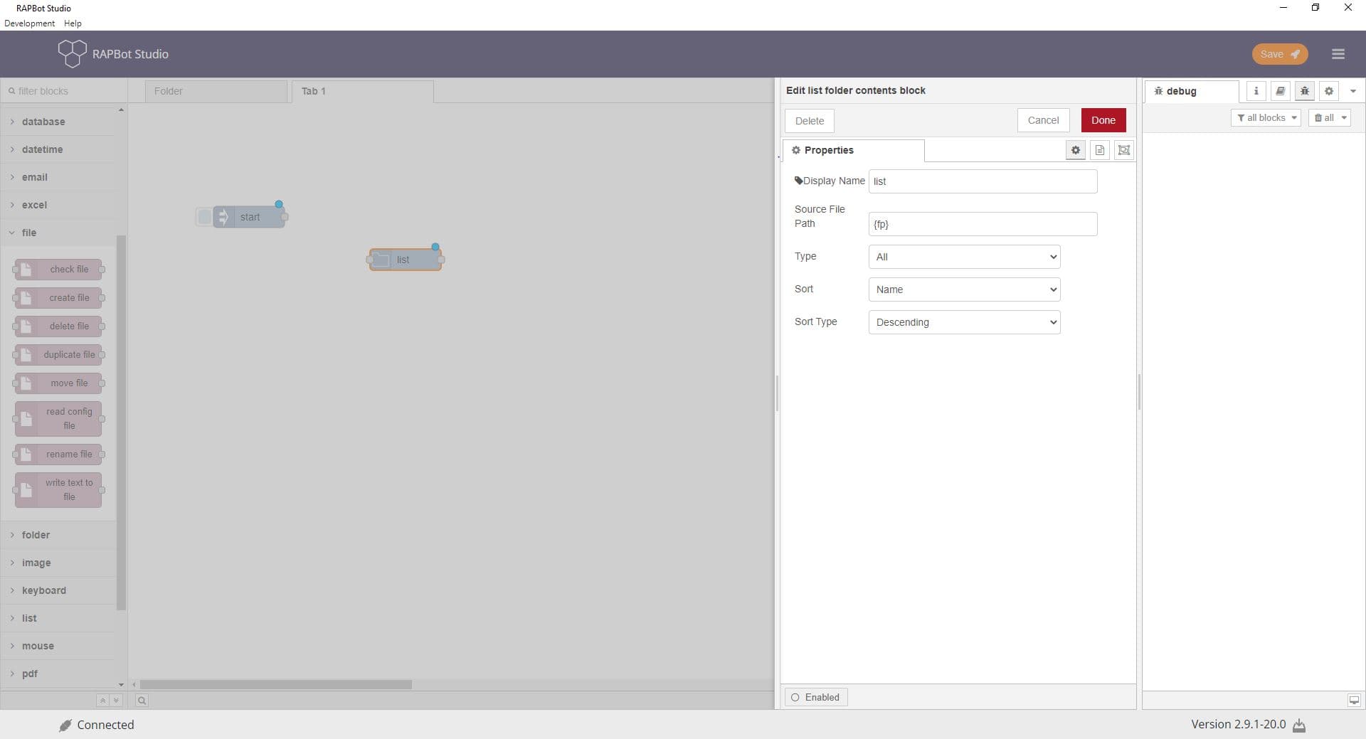 Bot Studio list folder contents block configuration