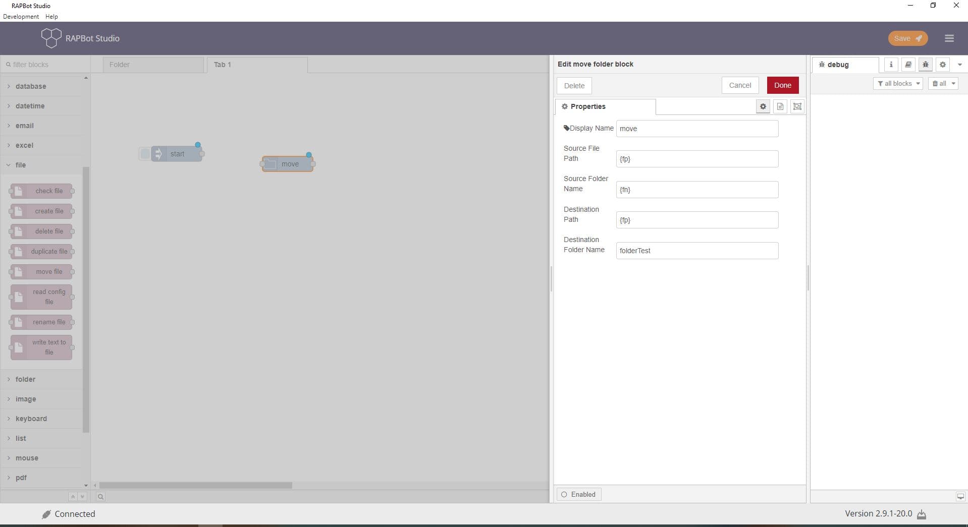 Bot Studio move folder block configuration