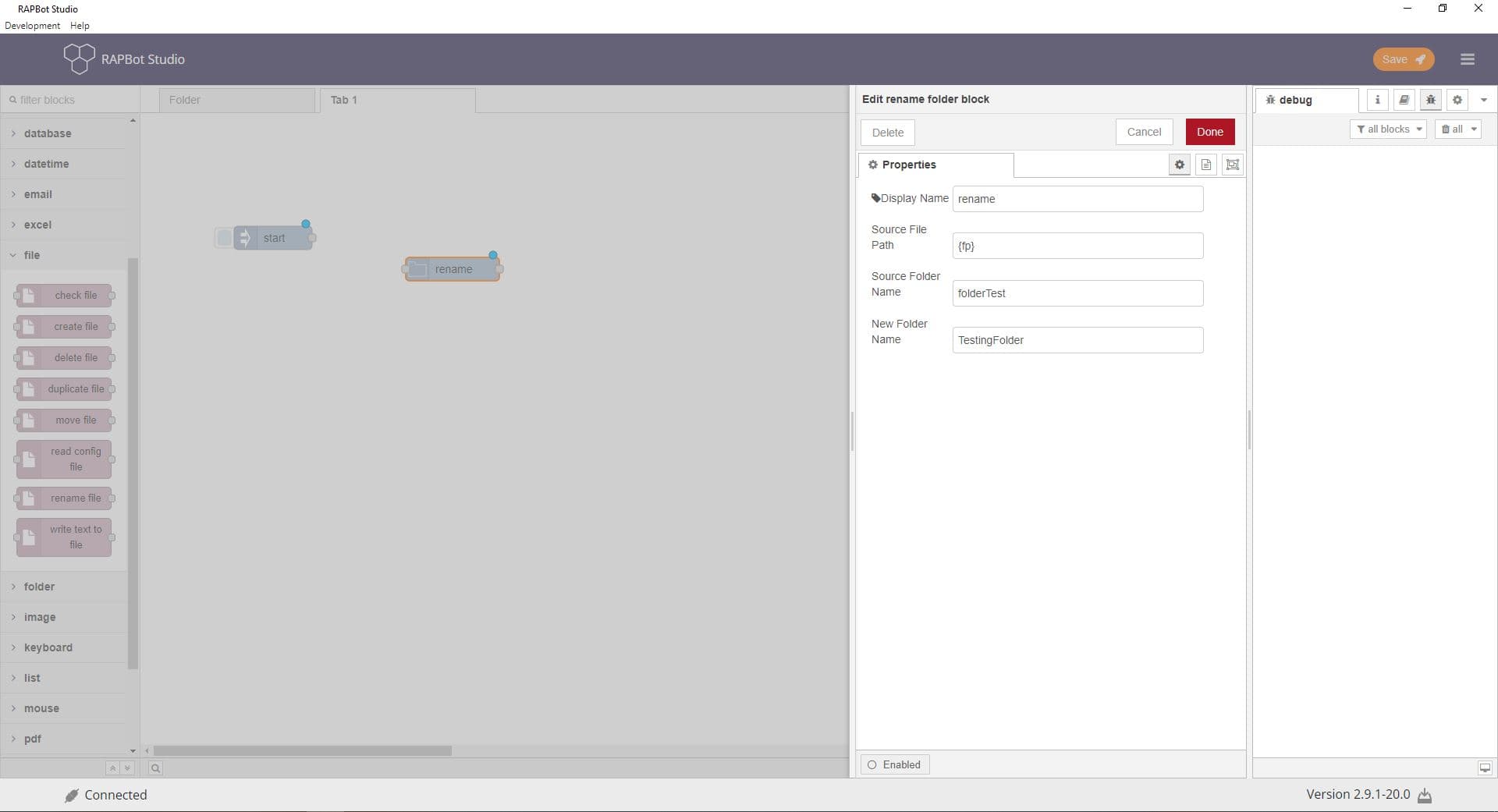 Bot Studio rename folder block configuration