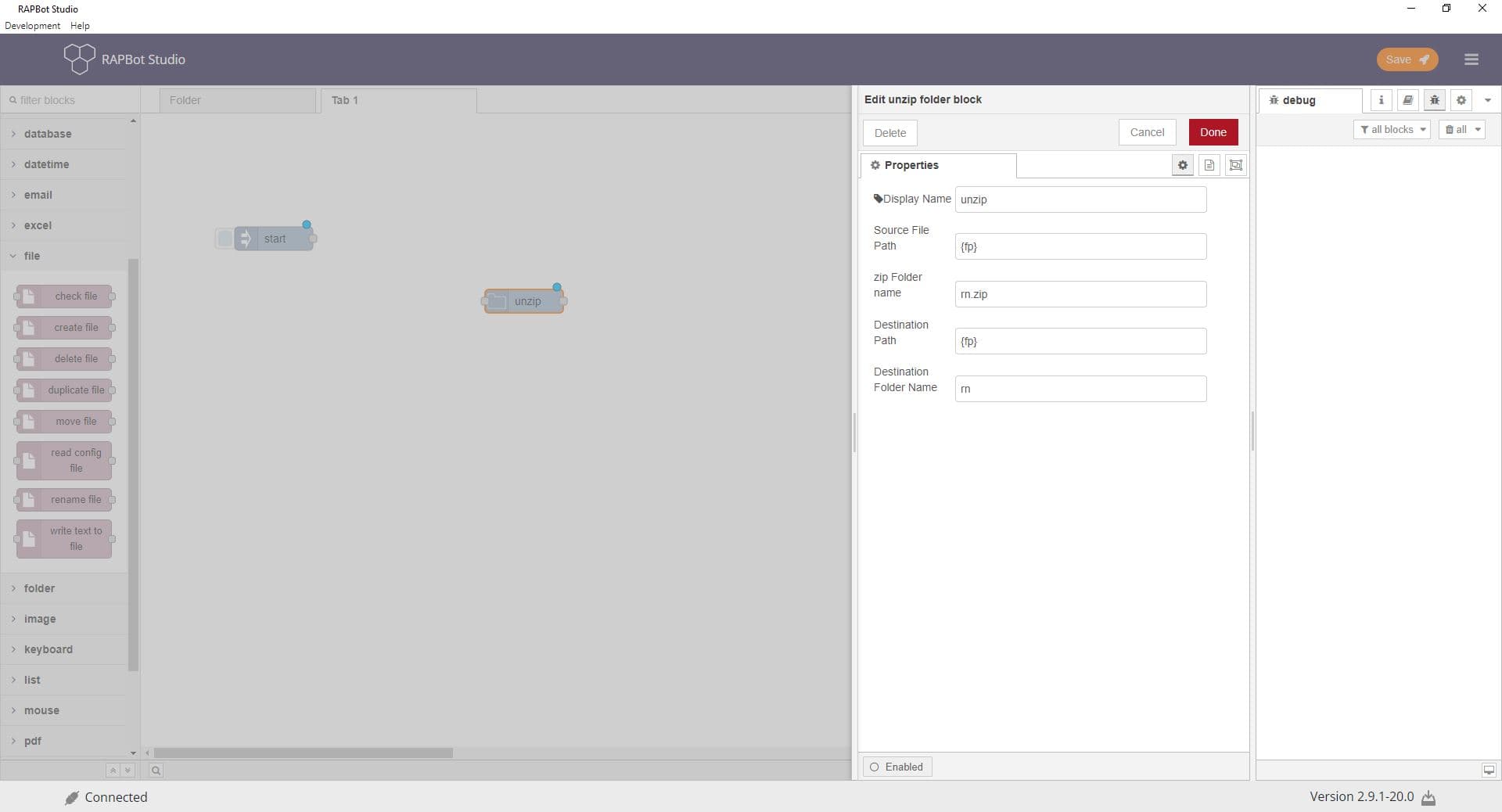 Bot Studio unzip folder block configuration