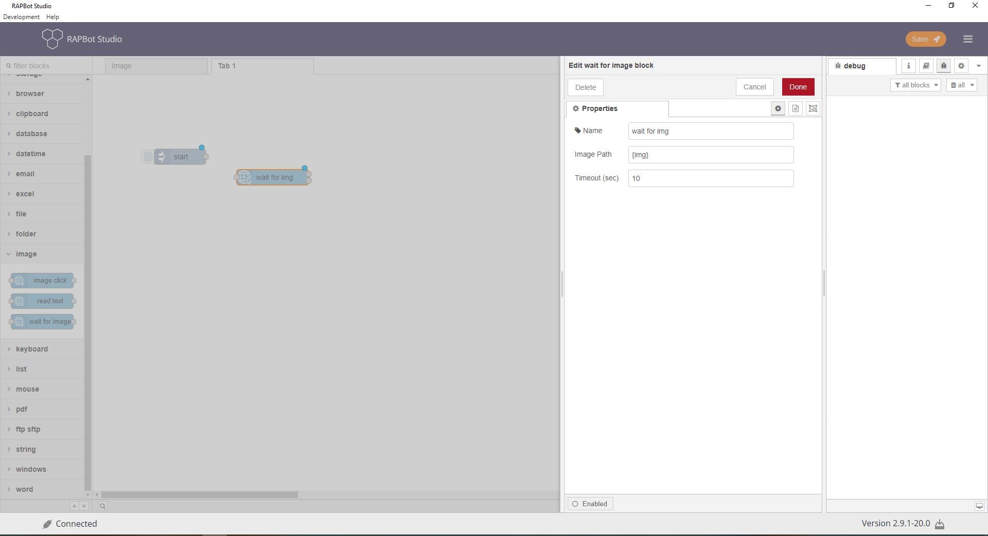 Bot Studio wait for image block configuration