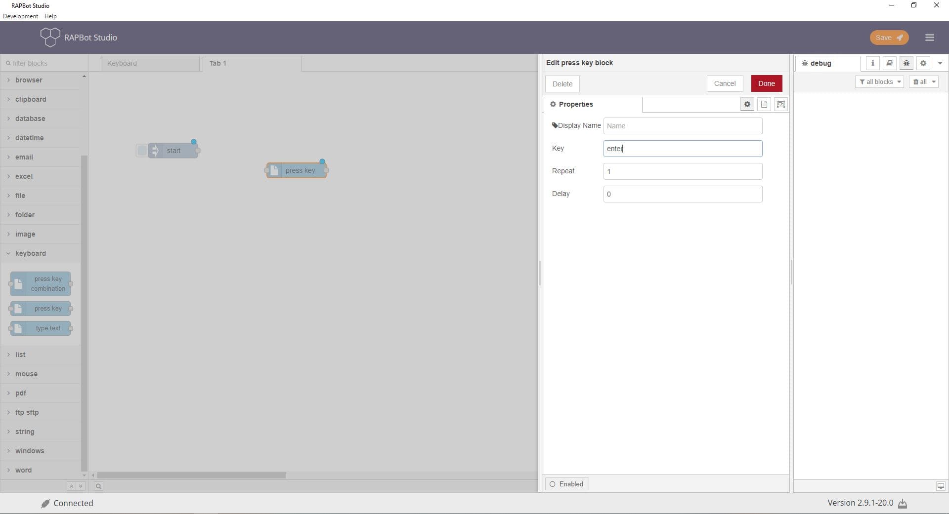 Bot Studio press key block configuration
