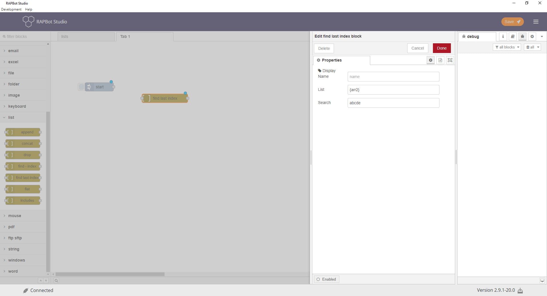 Bot Studio find last index block configuration