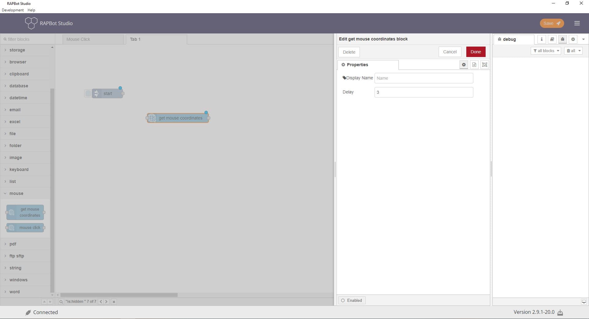 Bot Studio get mouse coordinates block configuration
