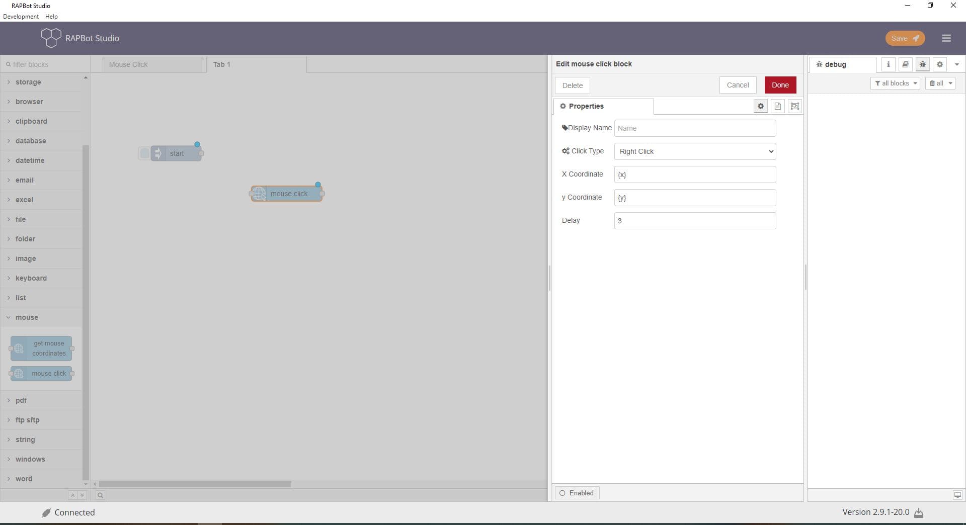 Bot Studio mouse click block configuration