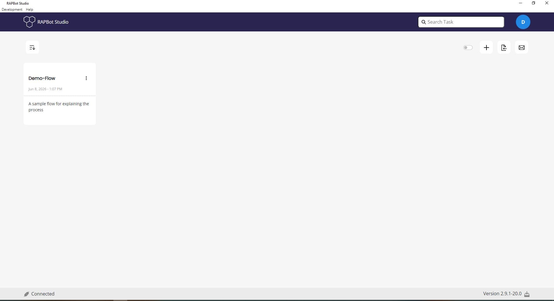 Bot Studio dashboard with Demo-Flow task card ready to open