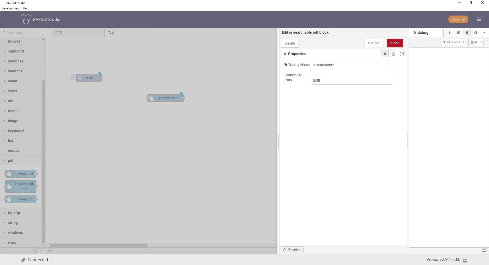 Bot Studio is searchable pdf block configuration