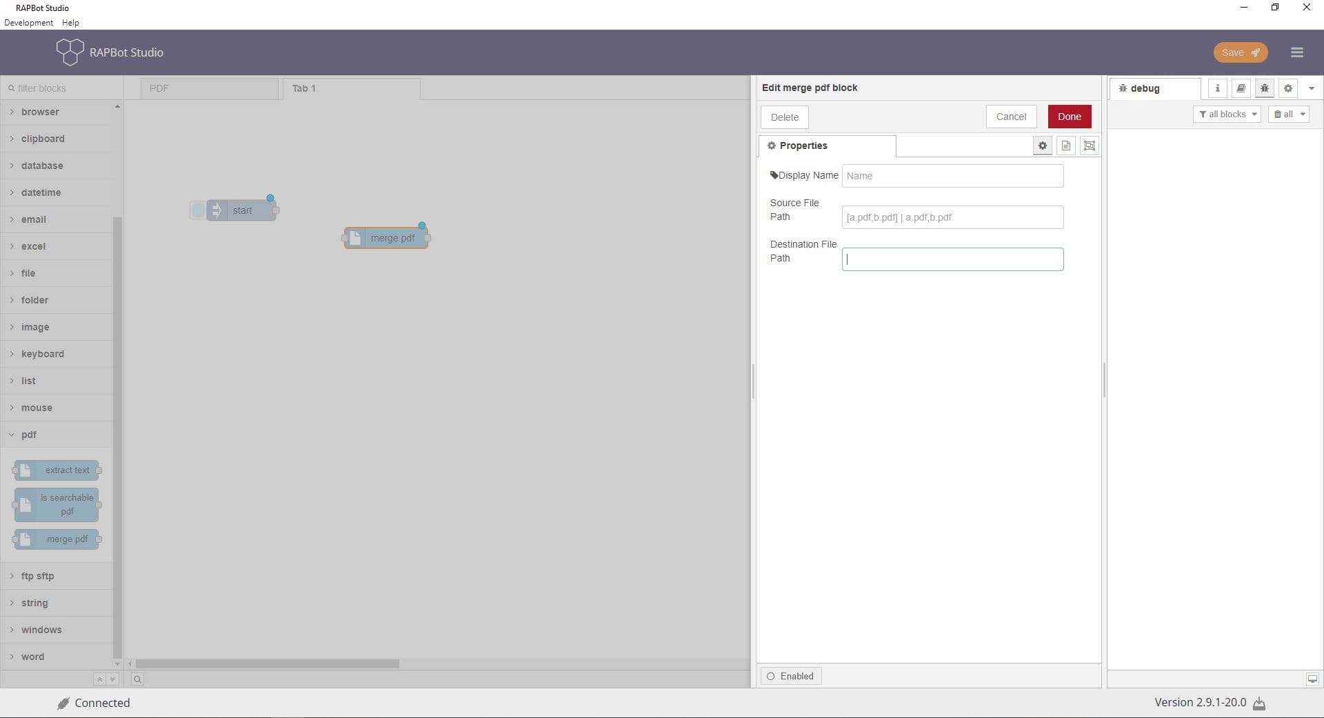 Bot Studio merge pdf block configuration