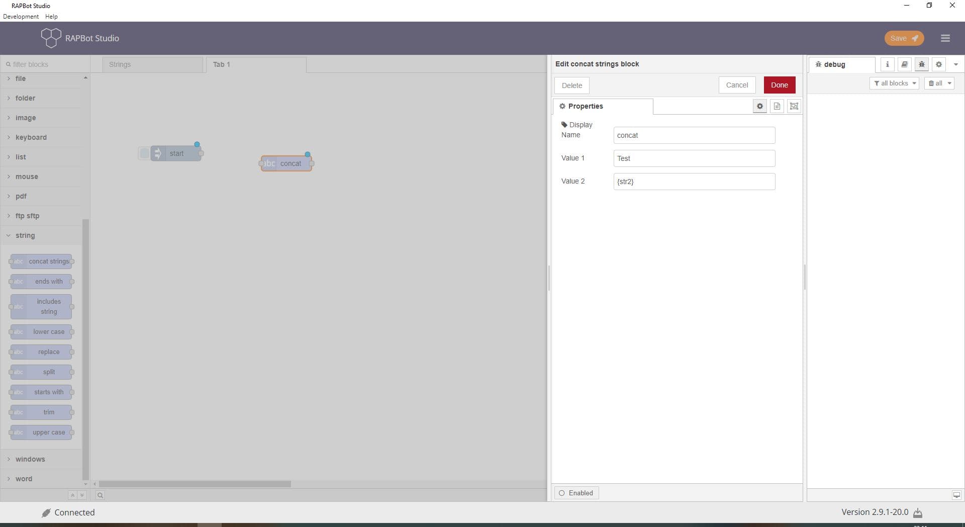 Bot Studio concat strings block configuration