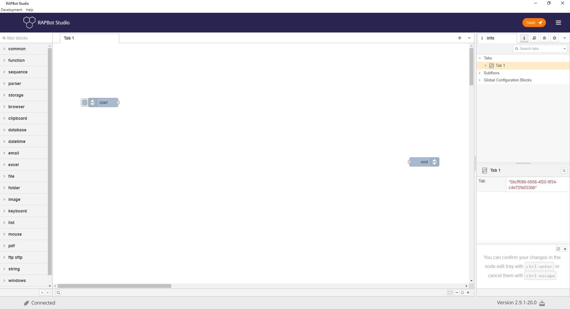 Bot Studio flow editor showing left block palette, center canvas with start and end blocks, and right info sidebar
