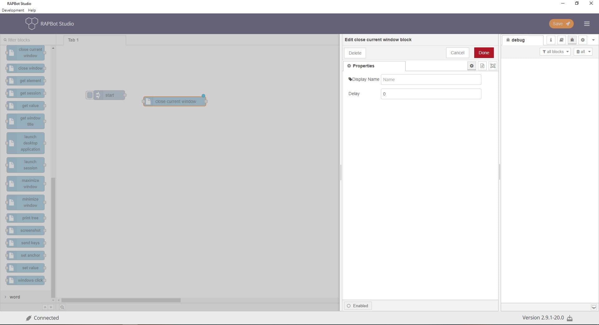 Bot Studio close current window block configuration