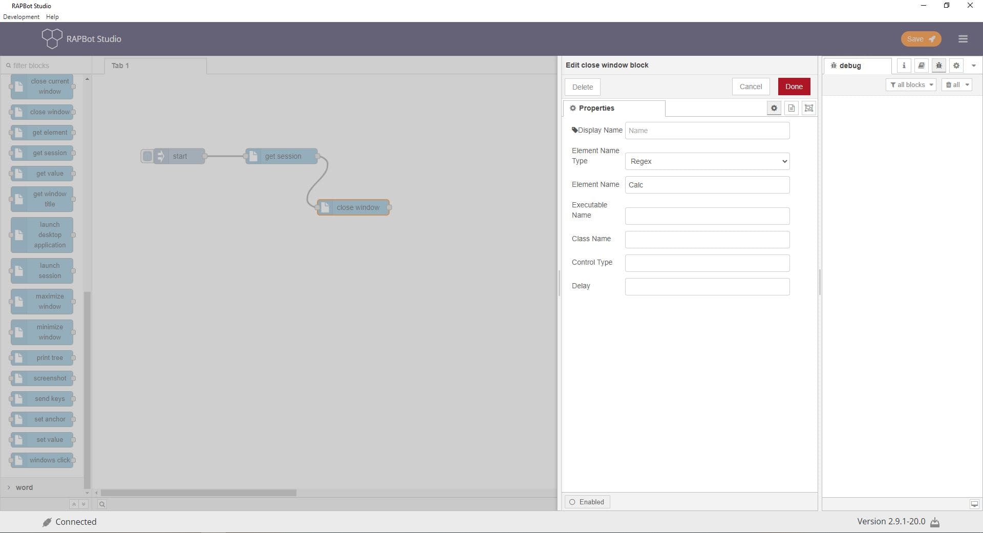 Bot Studio close window block configuration