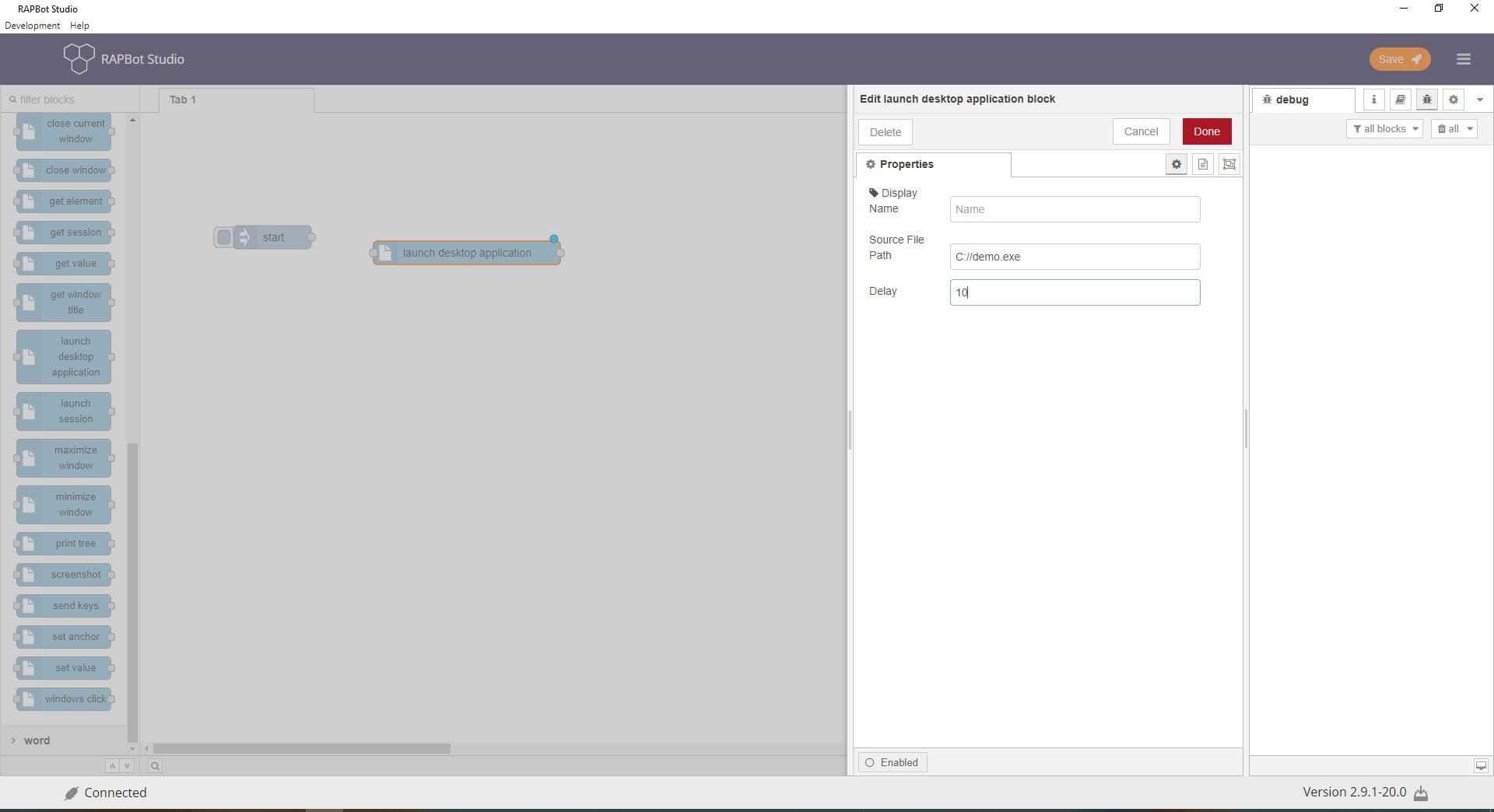 Bot Studio launch desktop application block configuration