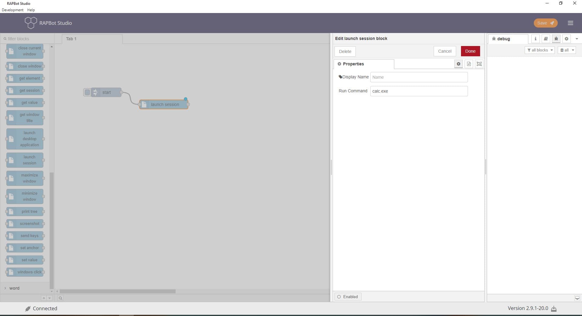 Bot Studio launch session block configuration