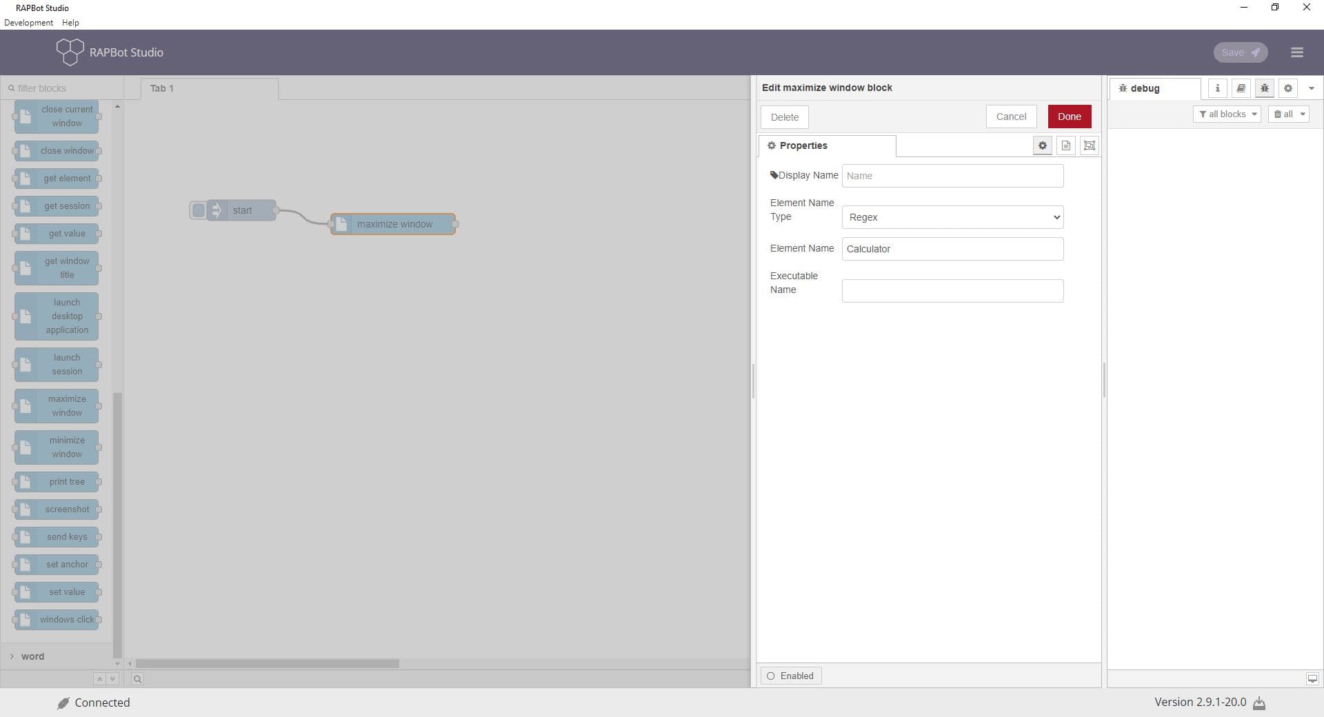 Bot Studio maximize window block configuration
