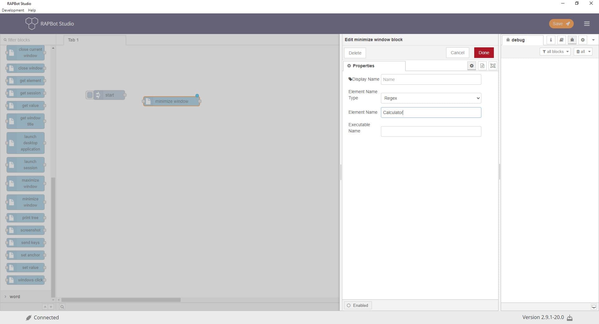 Bot Studio minimize window block configuration