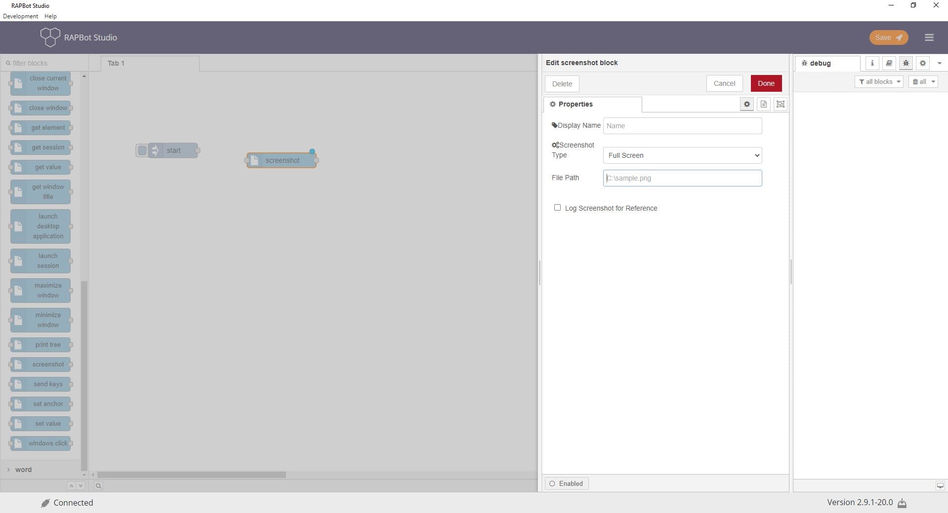 Bot Studio screenshot block configuration