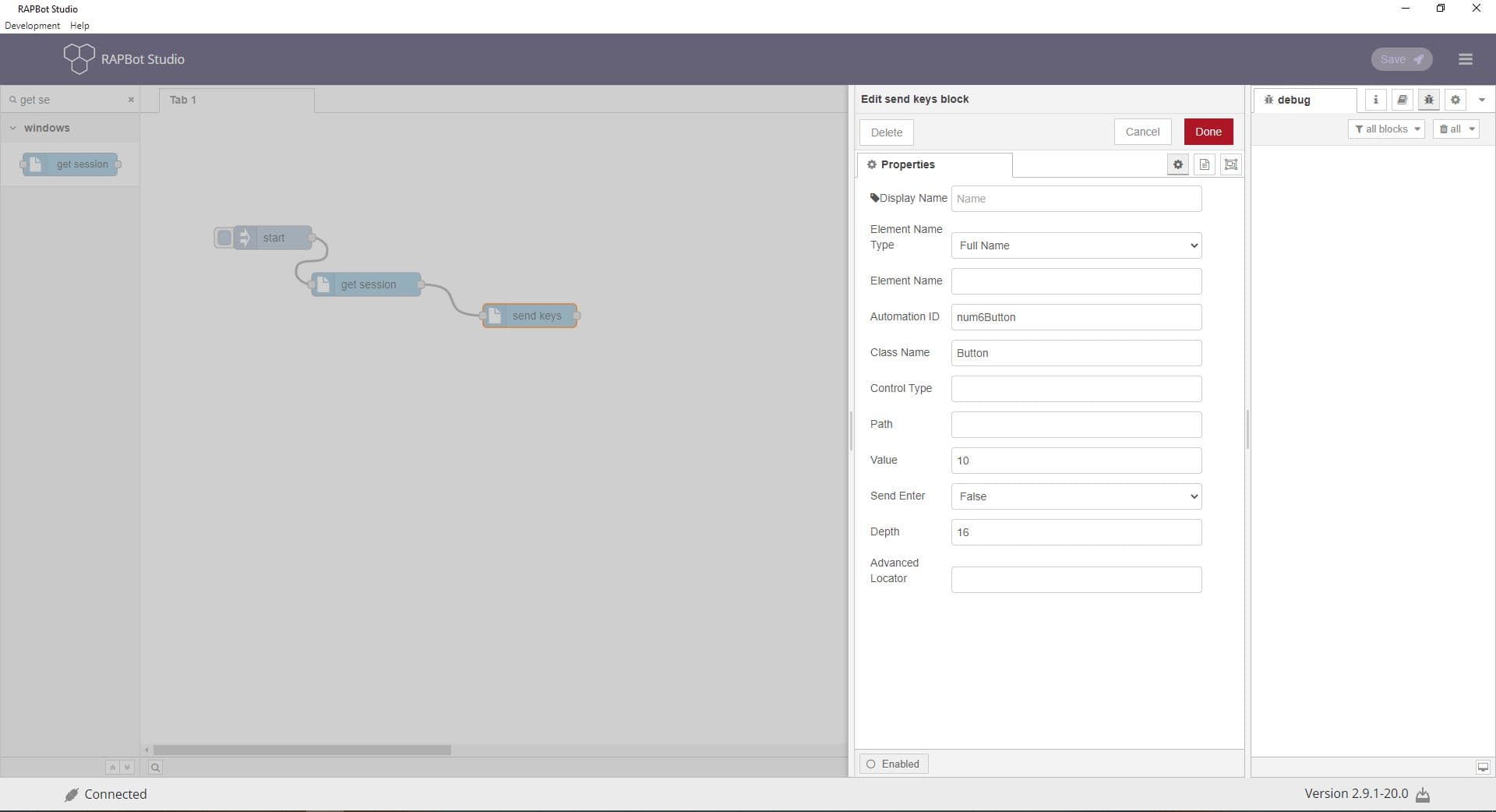 Bot Studio send keys block configuration