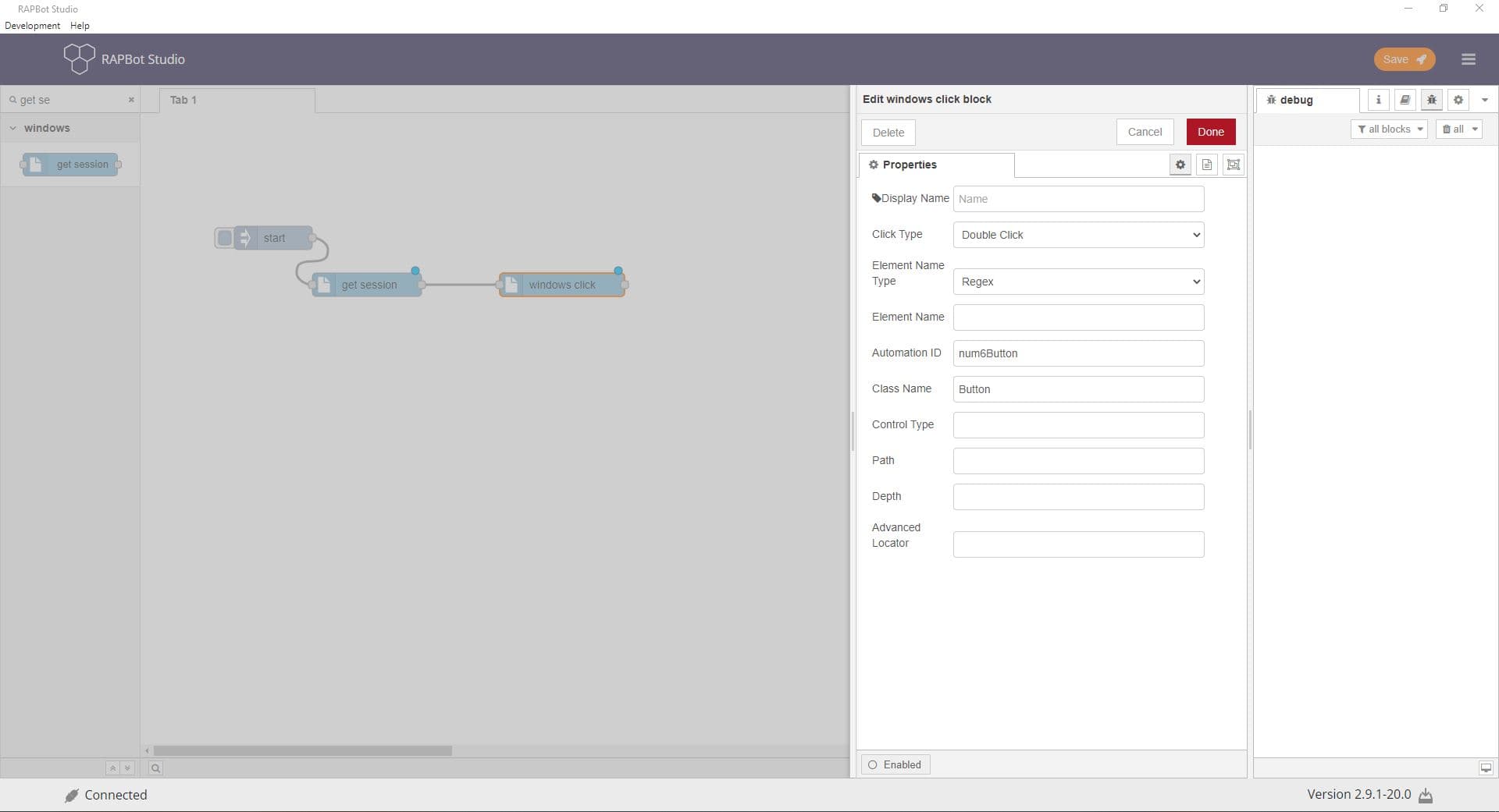 Bot Studio windows click block configuration