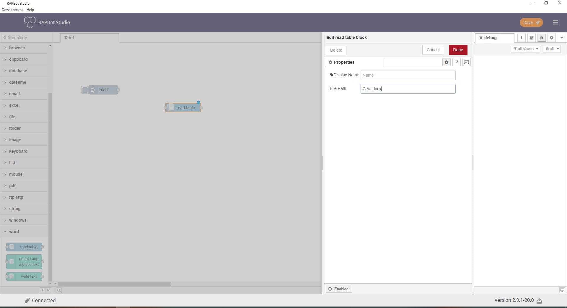 Bot Studio read table block configuration