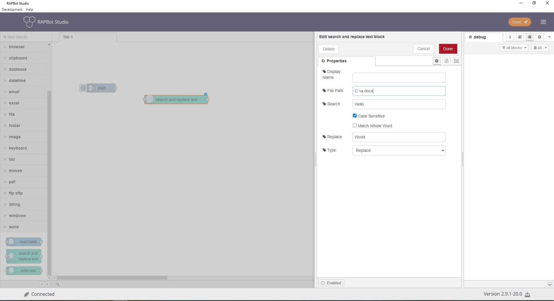 Bot Studio search and replace text block configuration