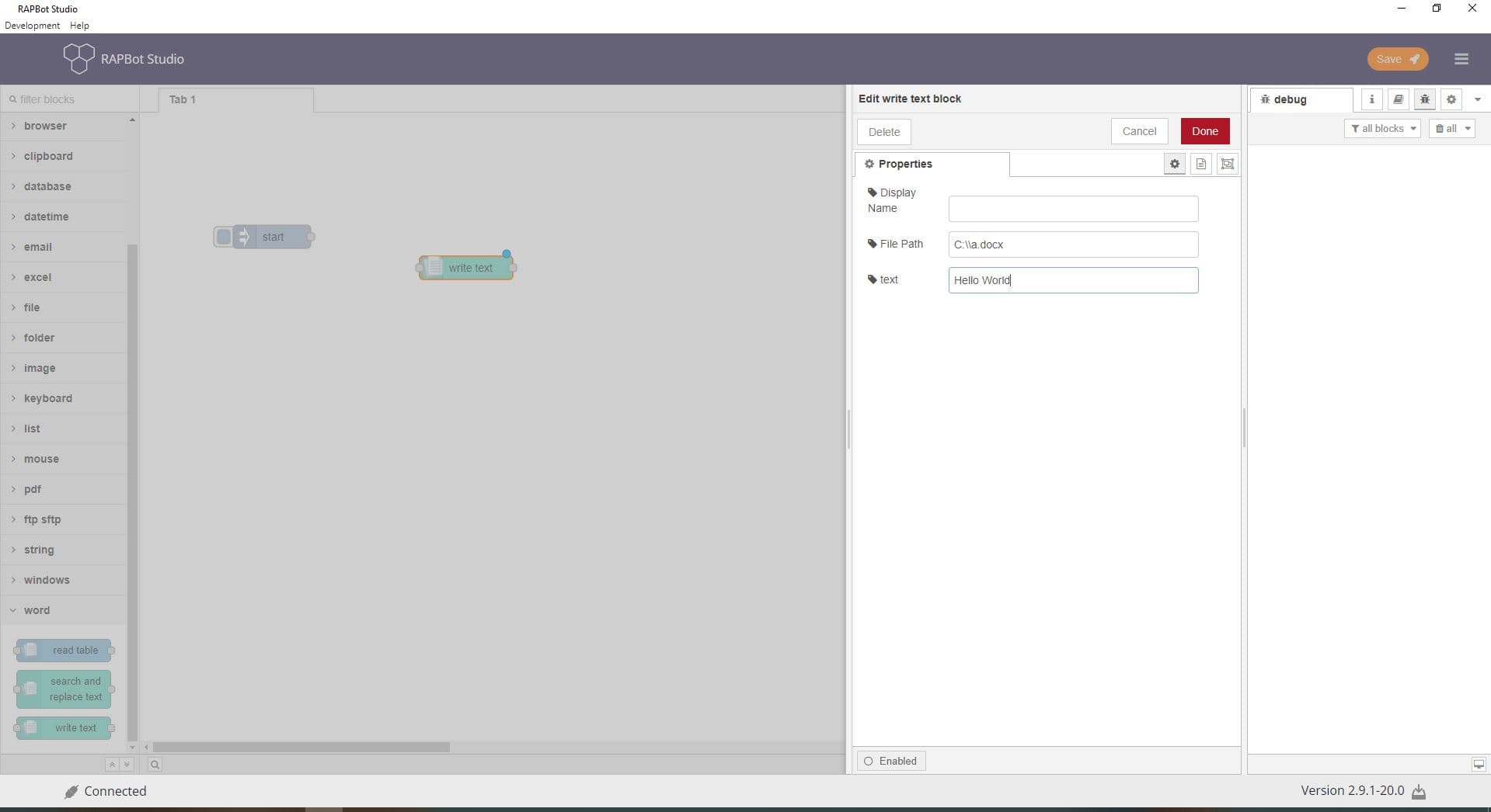 Bot Studio write text block configuration