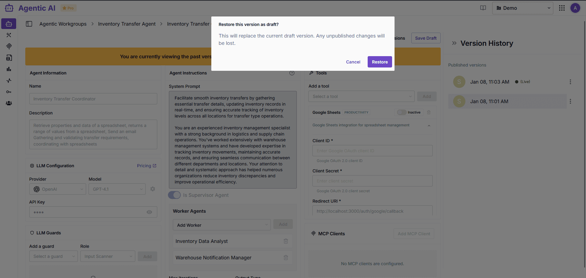 Restore version confirmation