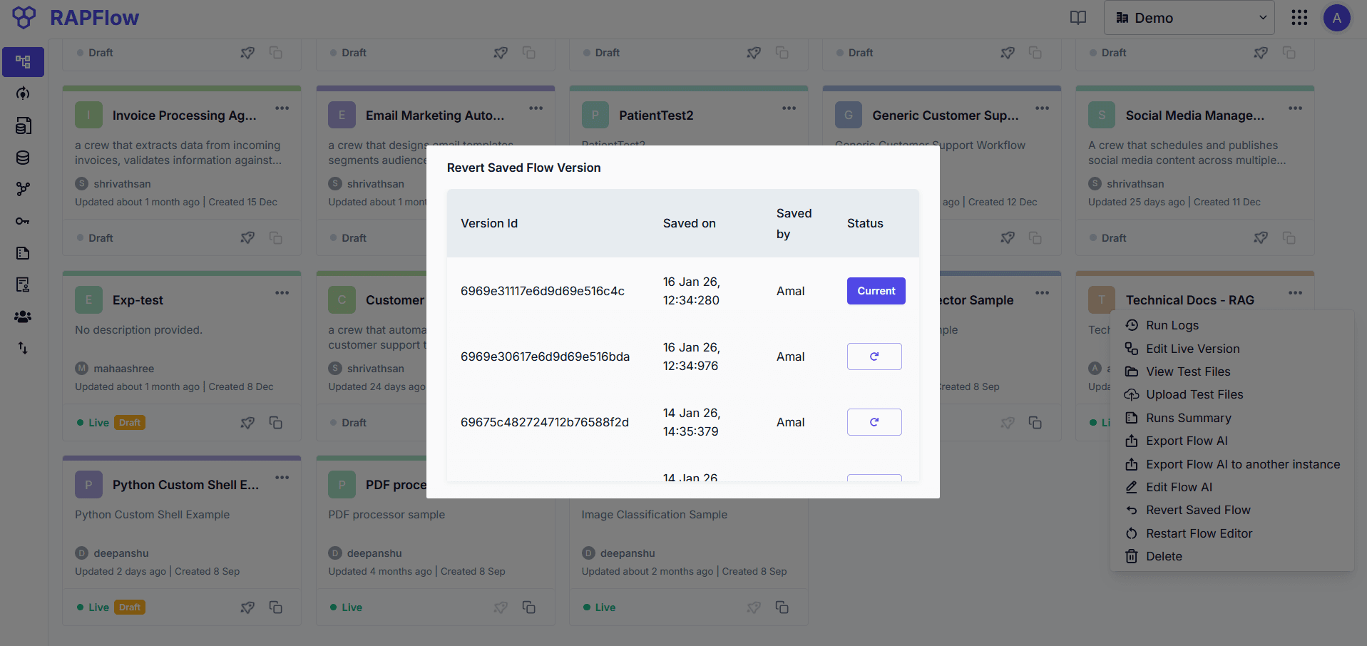 Flow version history interface