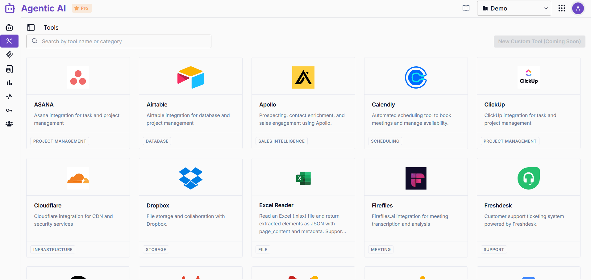 AgenticStudio Tools Dashboard showing grid of available tools and integrations with search functionality