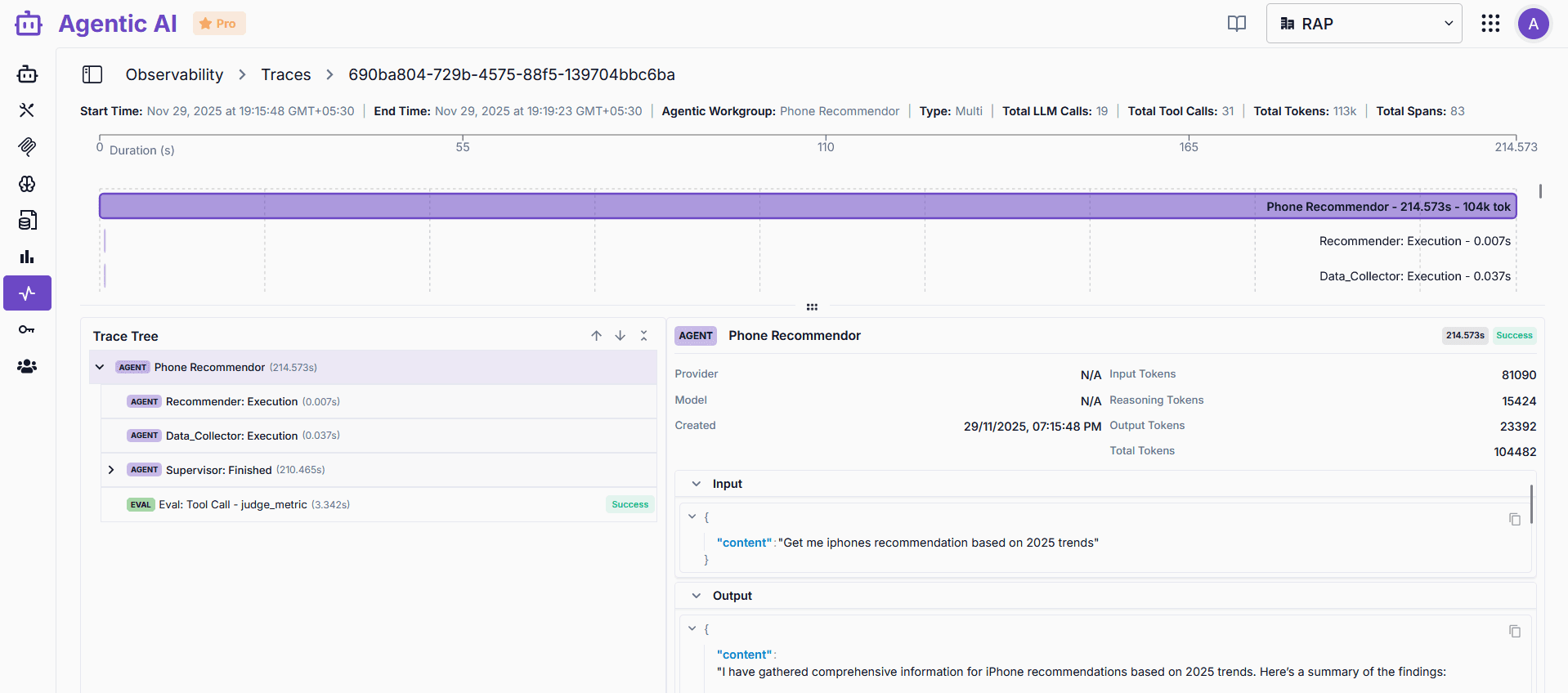 AgenticStudio Trace Detail View showing execution timeline, trace tree, and detailed information