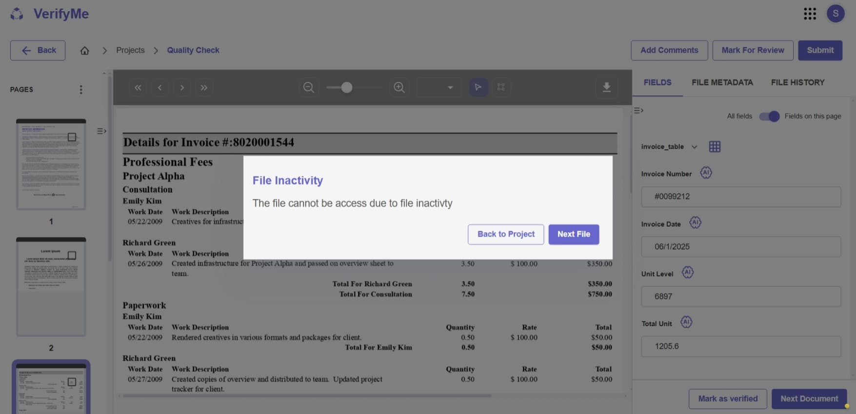 File Inactivity Modal