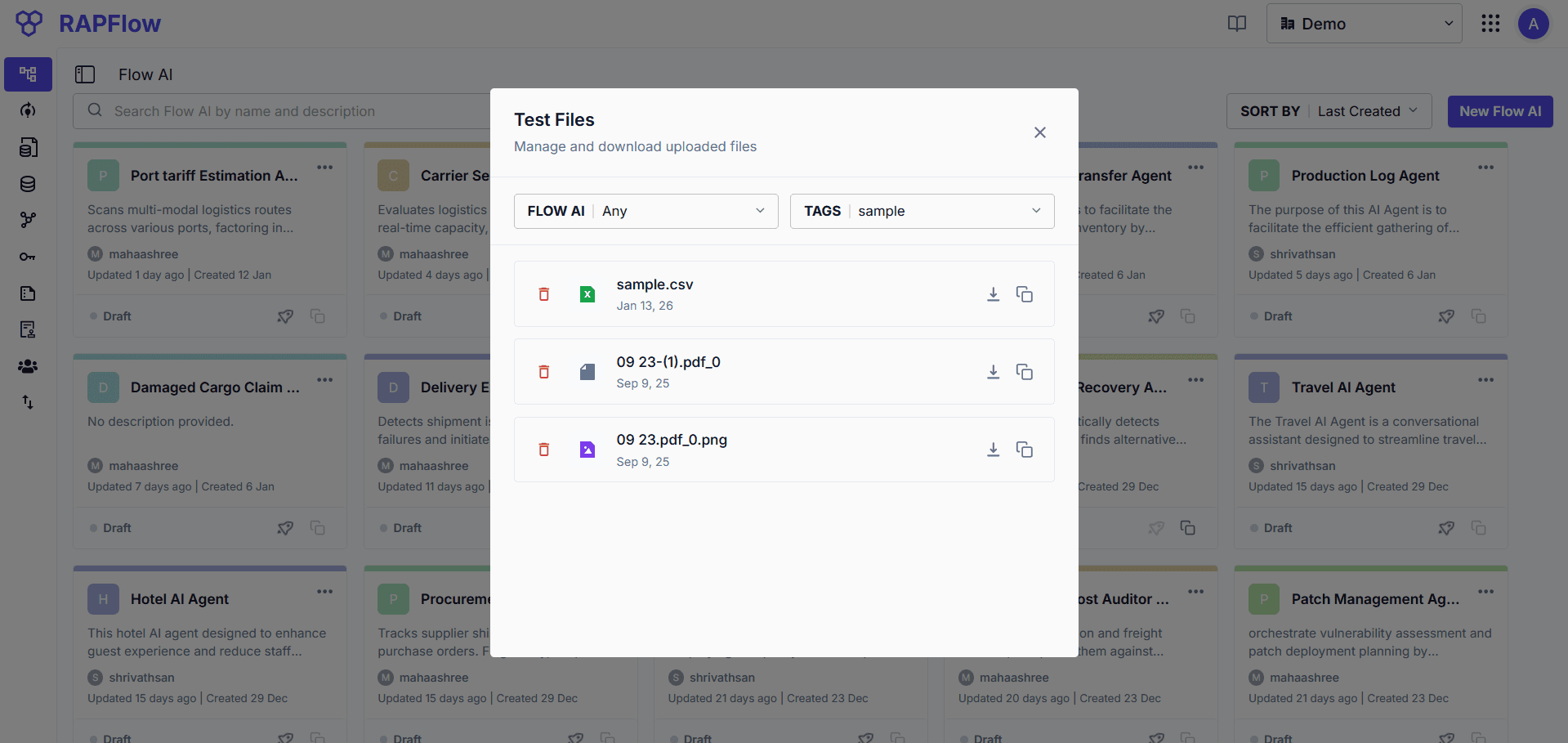 Test Files dialog showing uploaded files with filter options