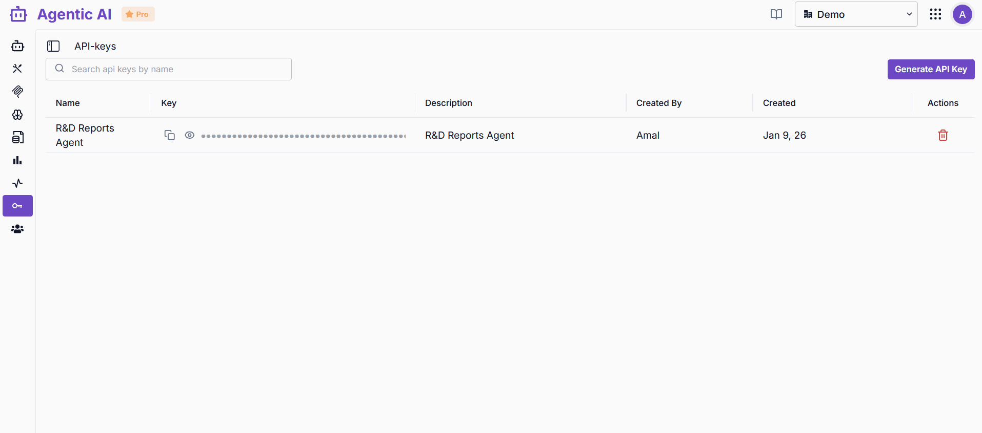 API Keys management interface